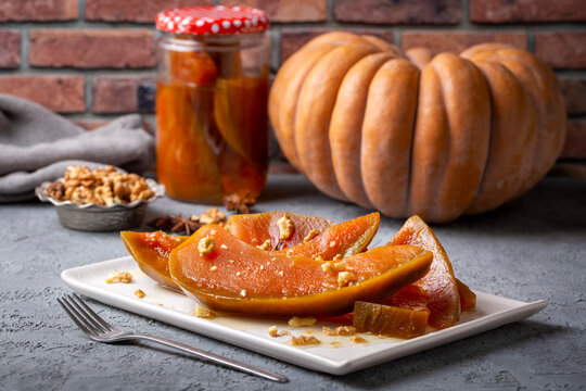 Traditional delicious Turkish cuisine; Pumpkin dessert or jam (Turkish name; Kirecte kabak receli or kabak tatlisi)
