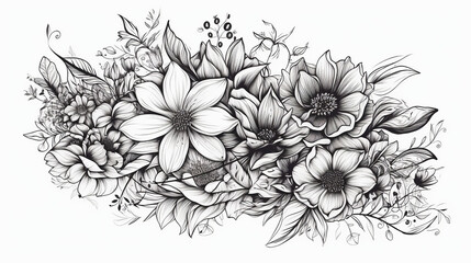 Black & White Hand Drawing Flower With Leaves On Isolated Background, Generative Ai