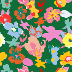 Fototapeta na wymiar Trendy floral seamless pattern. Colorful groovy artwork, backdrop with flowers.