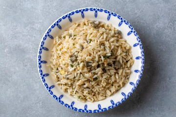 Traditional delicious Turkish food; rice pilaf with pine nuts and currants (Turkish name; ic pilav or pilaf)