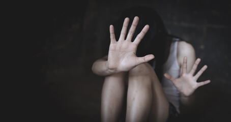 victim woman in emotional stress, rape and sexual abuse, Human trafficking, Stop abusing violence.