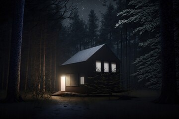 Forest cabin in the dark woods at night, 
like a terror