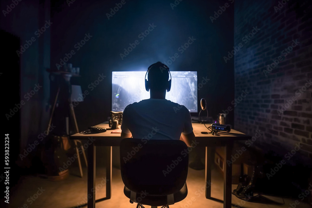 Poster man playing computer games in dark room with lights. generative ai