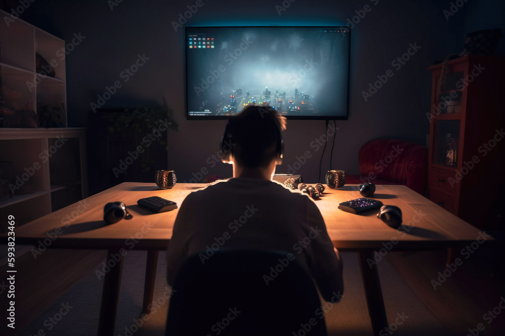 Poster man playing computer games in dark room with lights. generative ai