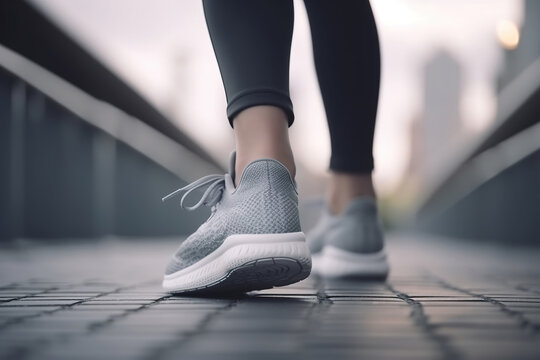 Female legs of an athlete runner in sports sneakers on the street outdoors. Rear view, close-up, low angle view. Generative AI