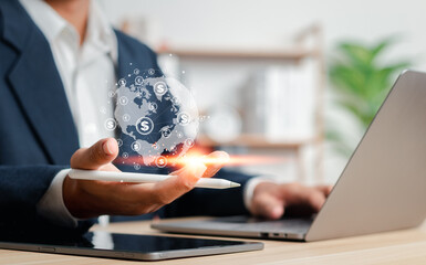 Online central bank concept. Businessmen exchanging international currency, exchange rates and foreign currency money transfers.