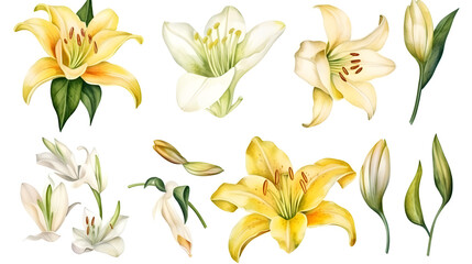 the yellow lily watercolor hand draw isolated on the white background. Generative AI