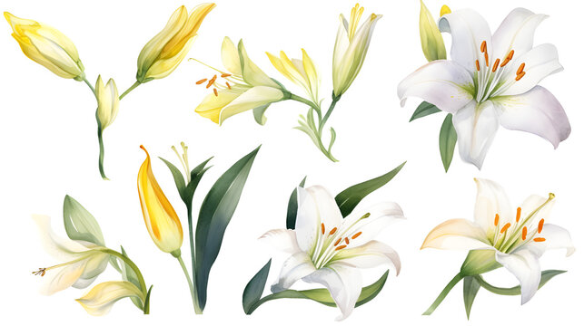 the yellow lily watercolor hand draw isolated on the white background. Generative AI