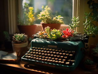 Vintage Typewriter Oasis: Creative Nostalgia Meets Modern Succulents - AI-Generated