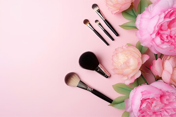 Obraz na płótnie Canvas Top view photo of makeup brushes, lipstick, and a pink peony on an isolated pastel pink background with blank space.