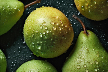 Fototapeta na wymiar The fruit pear with water droplets on the brown background