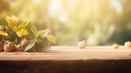 Wooden table for display product in the garden with blur background. Blurred Summer Background Free Space 