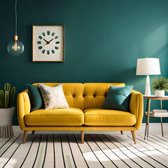 Photo golden lines on green wallpaper a table a chair and a vase with minimalist style ai generated