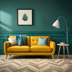 Photo golden lines on green wallpaper a table a chair and a vase with minimalist style ai generated