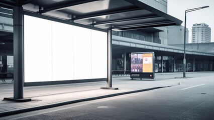 Digital Media Blank Billboard at Bus Station: Signboard for Product Advertisement and Design. created with Generative AI