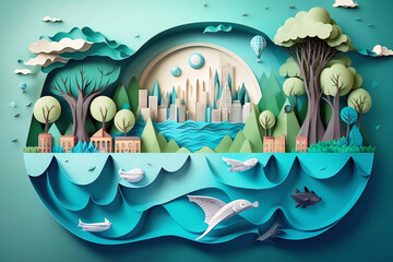 Save the Earth Concept: Paper Cut Style Illustration World Environment and Earth Day. created with Generative AI