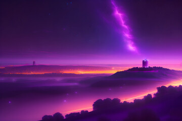 Beautiful purple stary night, concept art, 4 k, light dust, Belgrade city, Serbia, illustration, digital ar, wallpaper, Generative AI