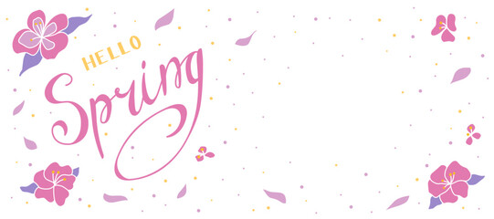 Hello spring banner in pink colors with flowers and petals.