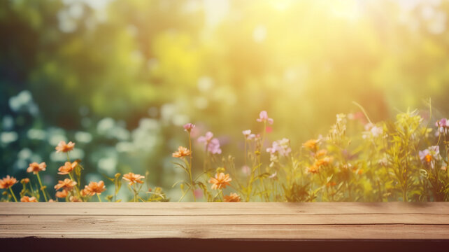 Beautiful flower in the garden near empty wood table, Blurred Summer Background Free Space 