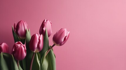 Fototapeta premium Pink tulip bouquet, spring flowers on a pastel light pink background with copy space. Mother’s day, Easter, Valentine’s Day, International women’s day, Generative AI