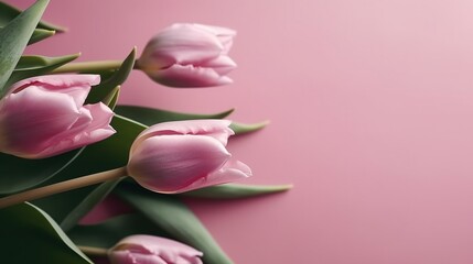 Pink tulip bouquet, spring flowers on a pastel light pink background with copy space. Mother’s day, Easter, Valentine’s Day, International women’s day, Generative AI