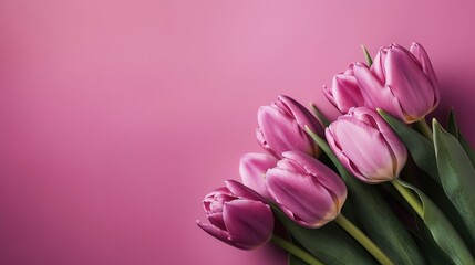 Obraz premium Pink tulip bouquet, spring flowers on a pastel light pink background with copy space. Mother’s day, Easter, Valentine’s Day, International women’s day, Generative AI