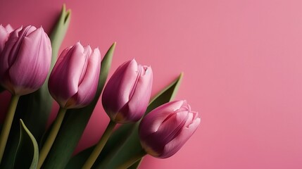 Obraz premium Pink tulip bouquet, spring flowers on a pastel light pink background with copy space. Mother’s day, Easter, Valentine’s Day, International women’s day, Generative AI