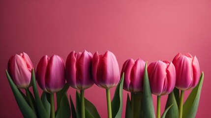 Fototapeta premium Pink tulip bouquet, spring flowers on a pastel light pink background with copy space. Mother’s day, Easter, Valentine’s Day, International women’s day, Generative AI