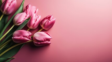 Obraz premium Pink tulip bouquet, spring flowers on a pastel light pink background with copy space. Mother’s day, Easter, Valentine’s Day, International women’s day, Generative AI