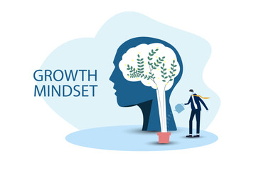 businessman holding  watering can for put think growth mindset different fixed mindset concept