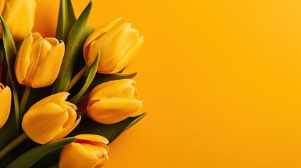 Yellow tulip bouquet, spring flowers on a pastel light yellow background with copy space. Mother’s day, Easter, Valentine’s Day, international women’s day, Generative AI - Powered by Adobe