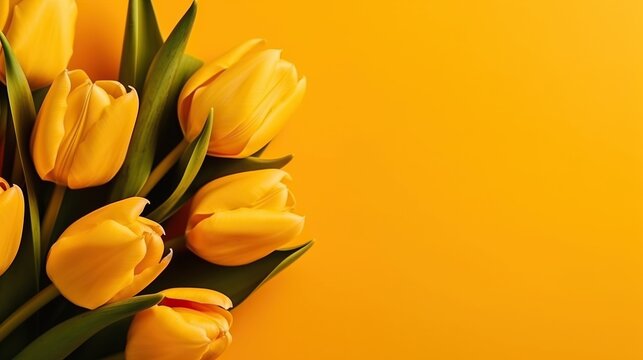 Yellow tulip bouquet, spring flowers on a pastel light yellow background with copy space. Mother’s day, Easter, Valentine’s Day, international women’s day, Generative AI
