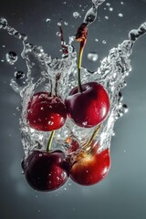 Fototapeta na wymiar Refreshing Dance of Fresh cherries Splashed in Water. Gen AI