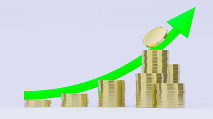 Stack of golden coins with a green arrow on white background, money earning profit growth business concept. 3d render.