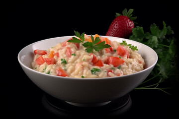 A bowl of creamy lobster risotto with chunks of fresh