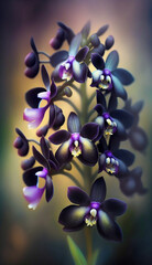 Fototapeta na wymiar Fresh spring black orchid blooming with blur background 