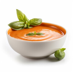 A bowl of creamy tomato soup with basil