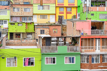 anoramic overview of a shanty town in the district ciudad bolivar in bogota, colombia - obrazy, fototapety, plakaty