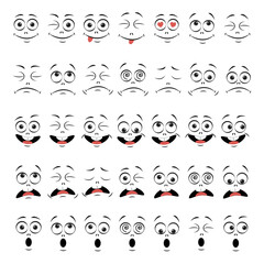 cartoon face eyes and mouth expressions smiling crying and surprised facial expressions of characters
 emotions caricature or emoticon doodle isolated vector illustration icon set