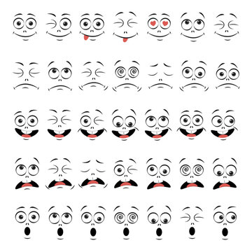 cartoon face eyes and mouth expressions smiling crying and surprised facial expressions of characters
 emotions caricature or emoticon doodle isolated vector illustration icon set