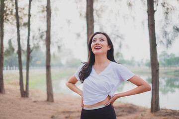 A concept of smiling female happy with life having inspiration, confidence, freedom, deep breath...
