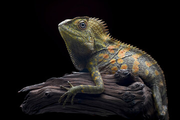 Forest dragon lizard in black background (Gonocephalus chamaeleontinus Chameleon )