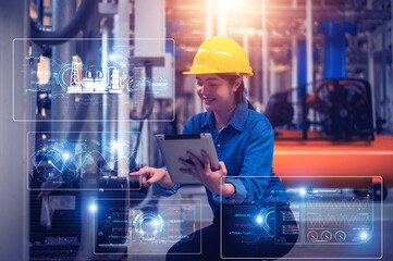 Asian woman are engineer using visual screen control machine in factory using smart technology and...