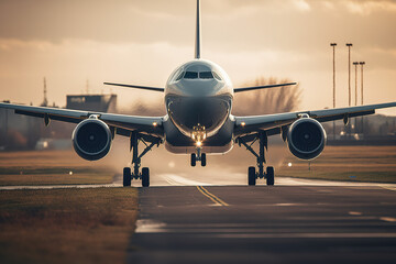 Fototapeta na wymiar Under the eye-catching sky, airplanes take off on airport runways or..