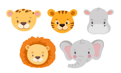 Cute tiger, elephant, hippo and cheetah portraits, set in cartoon style. Drawing african animals isolated on white.