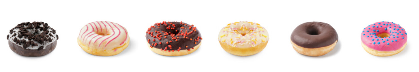 Set of sweet donuts on white background