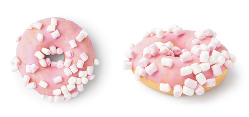 Sweet donuts with marshmallows on white background