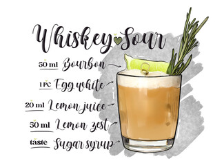 Glass of tasty whiskey sour cocktail and list of ingredients on white background