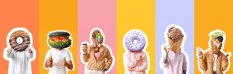 Set of people with unhealthy food instead of their heads on colorful background
