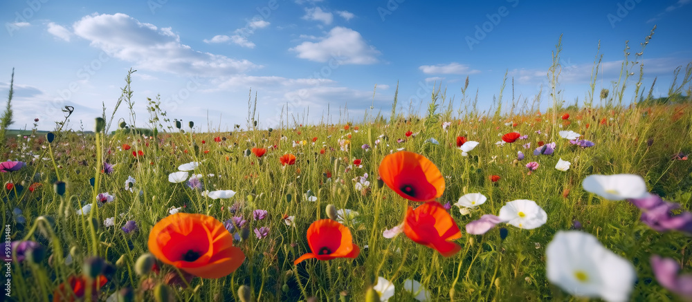 Canvas Prints panorama of meadows fields with flowers in summer under a sky. generative ai illustration